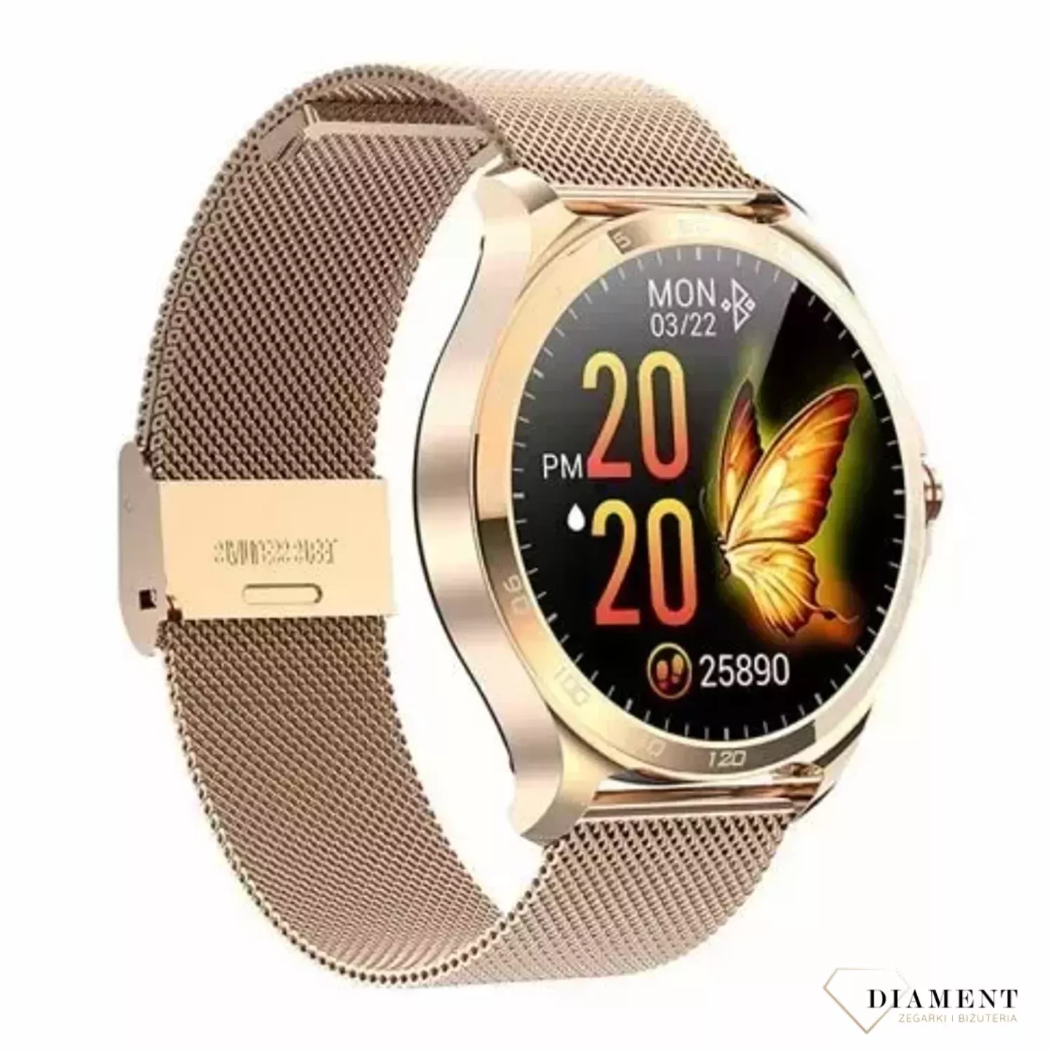 Smartwatch Garett Sport Factory RT złoty, stalowy na bransolecie w kolorze różowego złota.  (1).webp